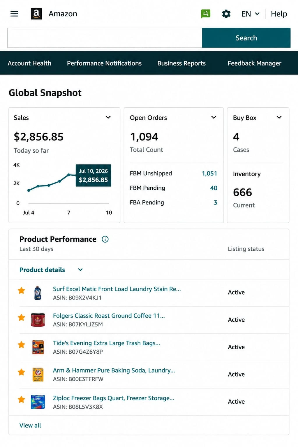 Amazon Seller Central sales dashboard